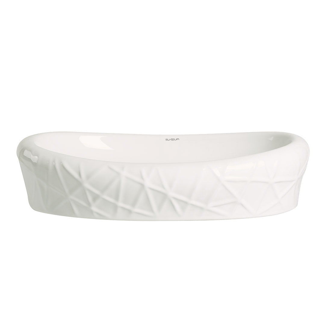 Lavoar de baie Meta, pe blat, oval, din ceramica sanitara, 60 cm, alb lucios cu model decorativ, Elysium