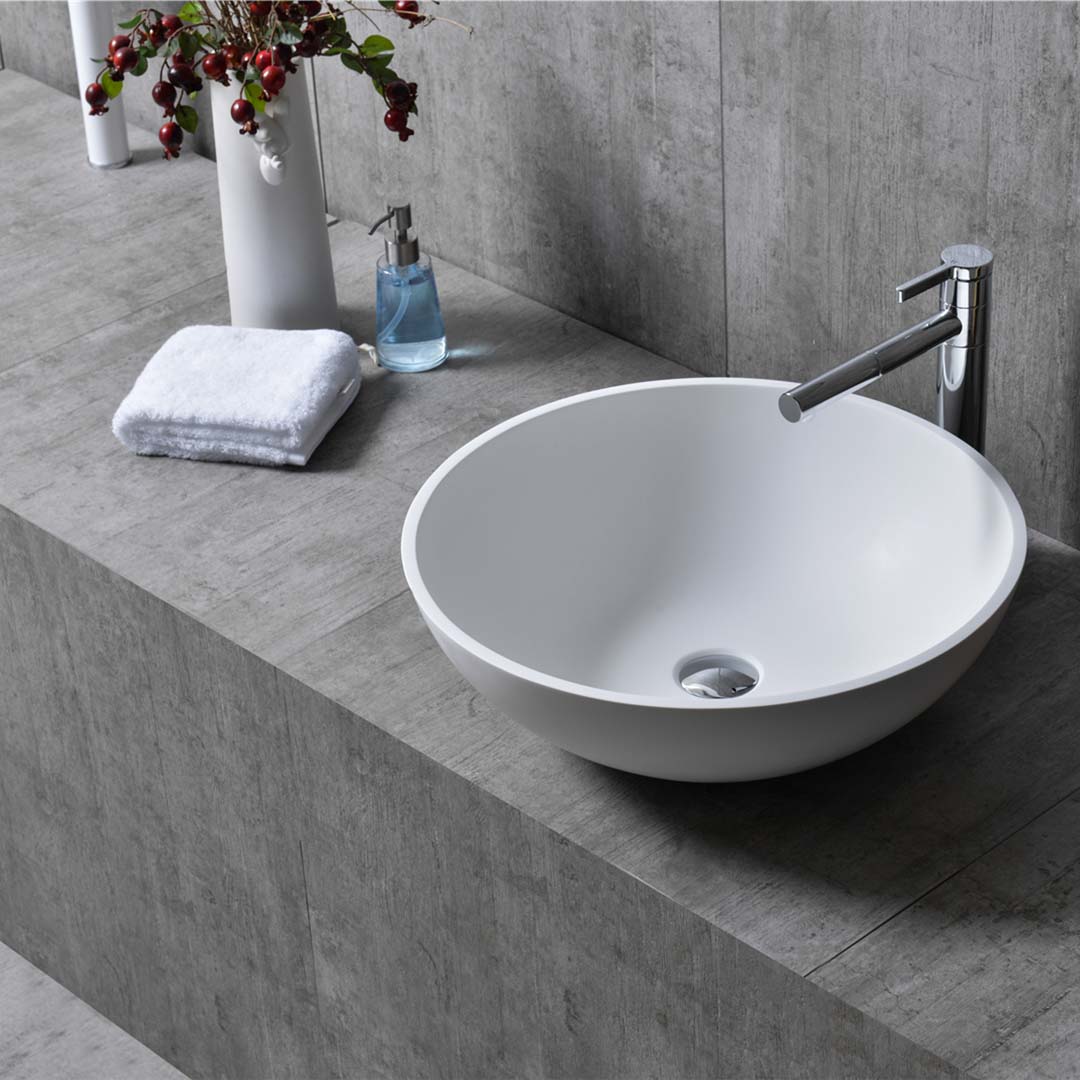 Lavoar de baie, pe blat, 300x300x130 mm, rotund, din compozit, alb mat, MonBlari