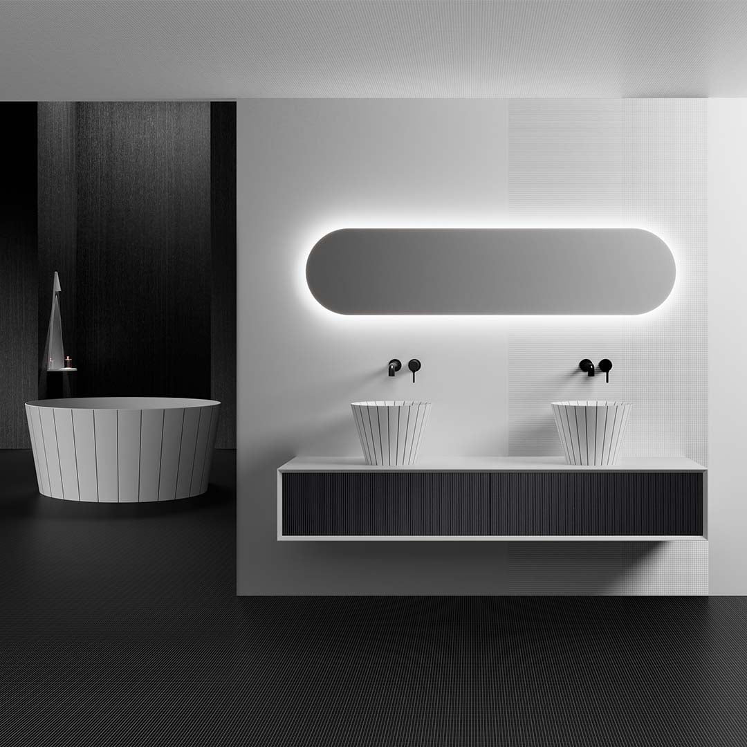 Lavoar de baie, pe blat, 36 cm, rotund, din compozit, alb mat cu linii negre, MonBlari