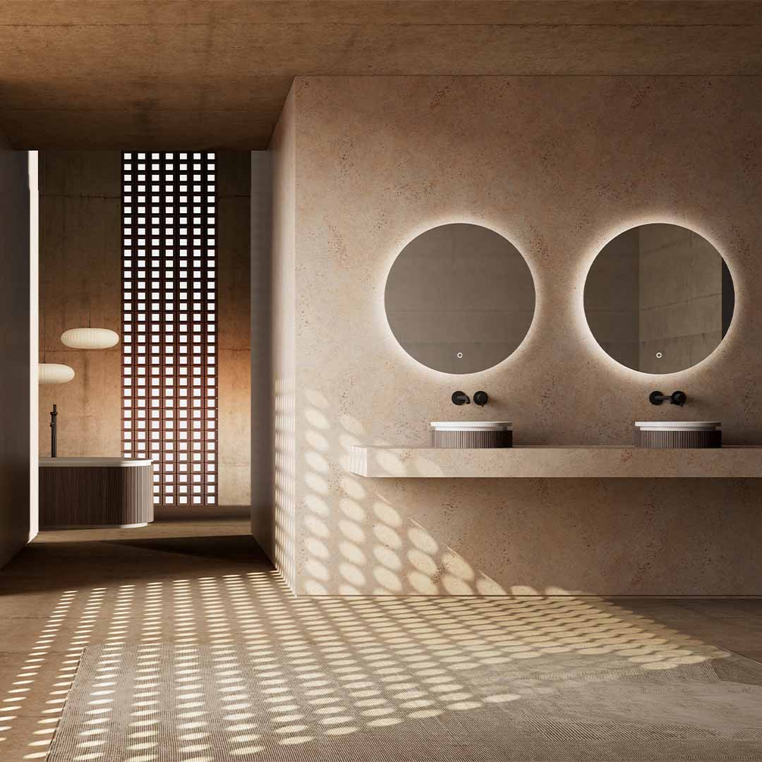 Lavoar de baie, pe blat, 38 cm, rotund, din compozit/lemn, stejar mat, MonBlari