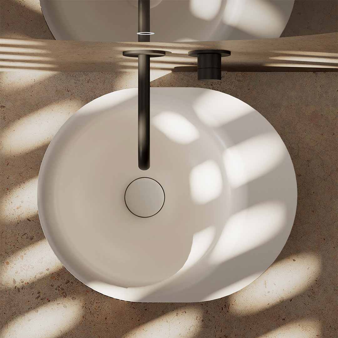 Lavoar de baie, pe blat, 38x46 cm, oval, din compozit, alb mat cu exterior lemn natur, MonBlari