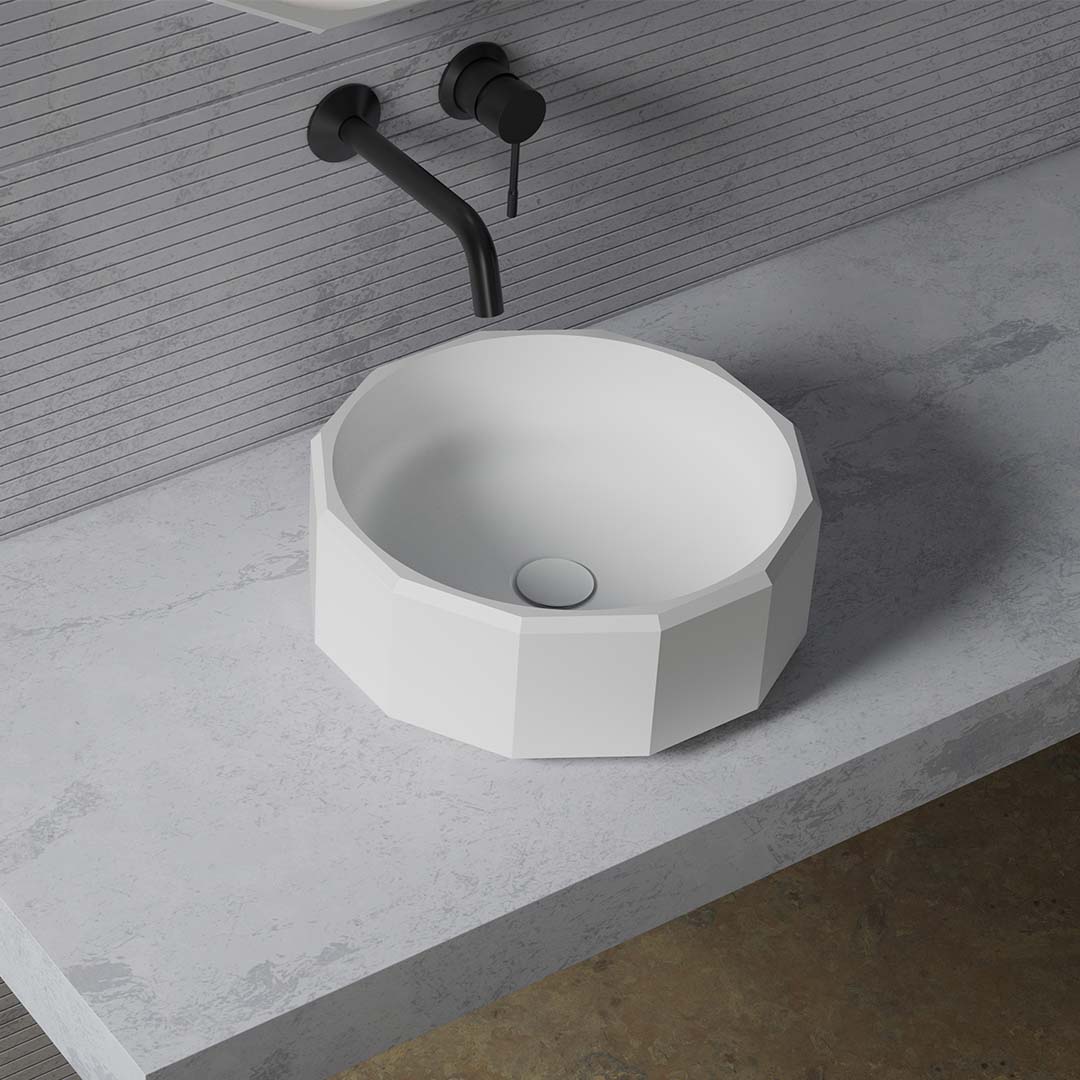 Lavoar de baie, pe blat, 40 cm, rotund, din compozit, alb mat, MonBlari Beryl