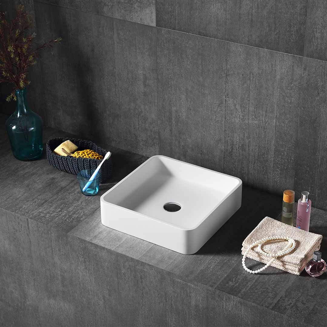 Lavoar de baie, pe blat, 400x400x100 mm, patrat, din compozit, alb mat, MonBlari