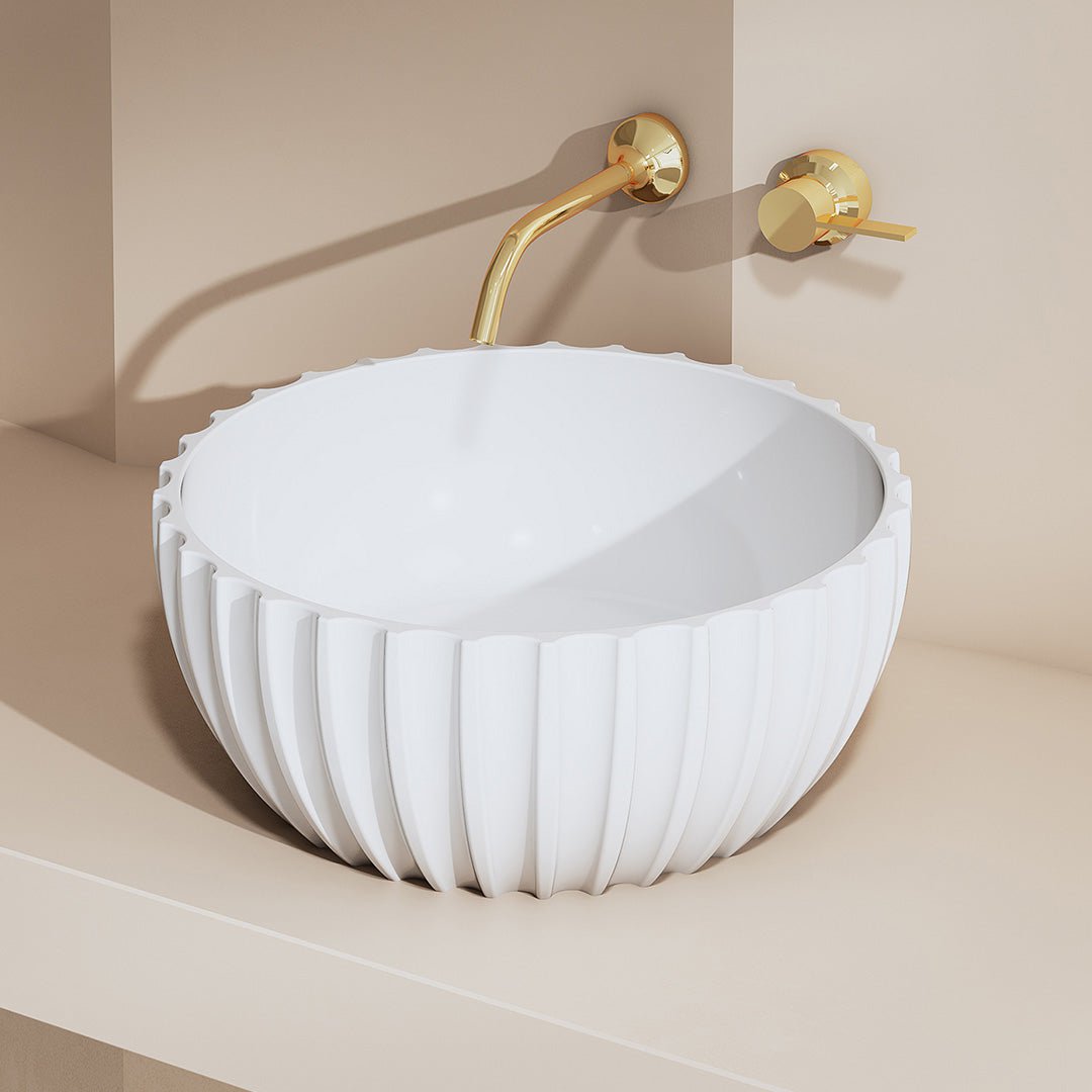 Lavoar de baie, pe blat, 400x400x160 mm, rotund, cu riflaje, din compozit, alb lucios, MonBlari