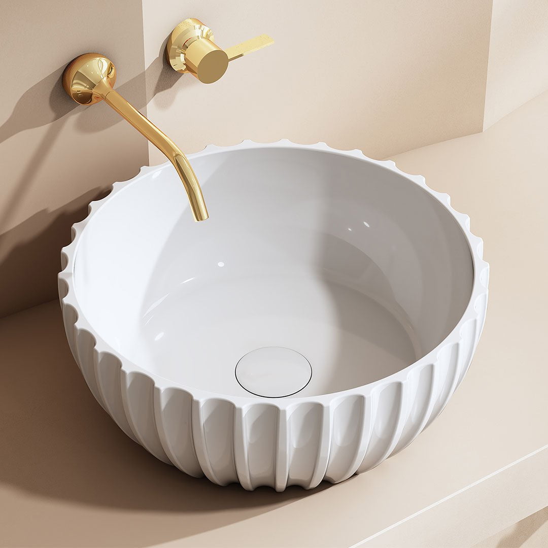 Lavoar de baie, pe blat, 400x400x160 mm, rotund, cu riflaje, din compozit, alb lucios, MonBlari