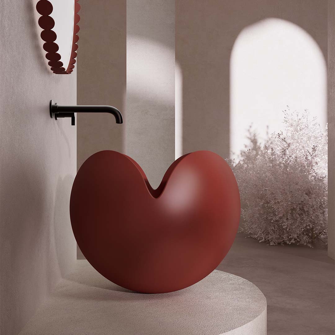 Lavoar de baie, pe blat, 450x450x350 mm, caramiziu, compozit, forma rotunda, MonBlari Flower