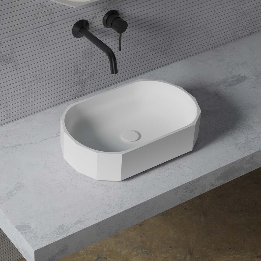 Lavoar de baie, pe blat, 50x32 cm, oval, din compozit, alb mat, MonBlari Beryl