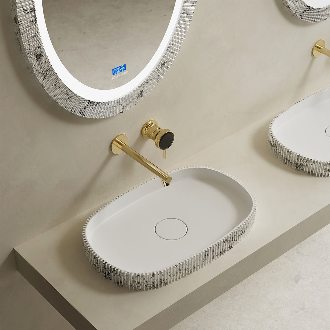 Lavoar de baie pe blat, 55 cm, oval, din compozit, alb/gri, finisaj riflat, MonBlari