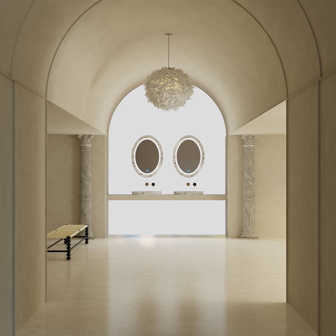 Lavoar de baie pe blat, 55 cm, oval, din compozit, alb/gri, finisaj riflat, MonBlari