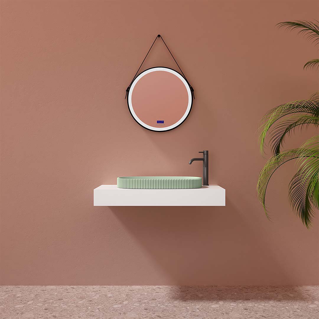 Lavoar de baie pe blat, 55 cm, oval, din compozit, verde mat, finisaj riflat, MonBlari