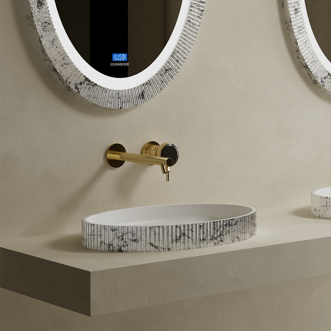 Lavoar de baie pe blat, 55x32 cm, oval, din compozit, alb/gri, finisaj riflat, MonBlari