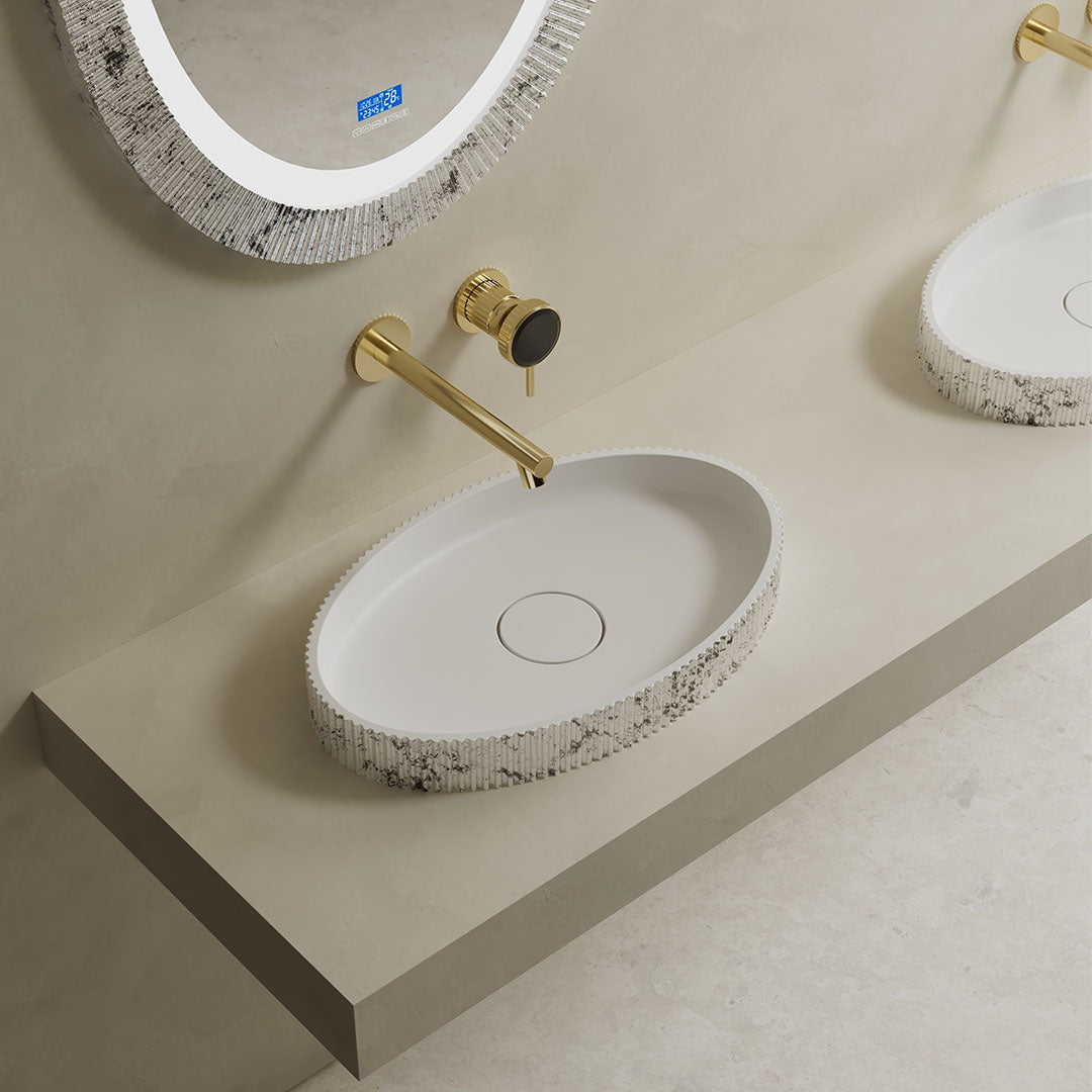 Lavoar de baie pe blat, 55x32 cm, oval, din compozit, alb/gri, finisaj riflat, MonBlari