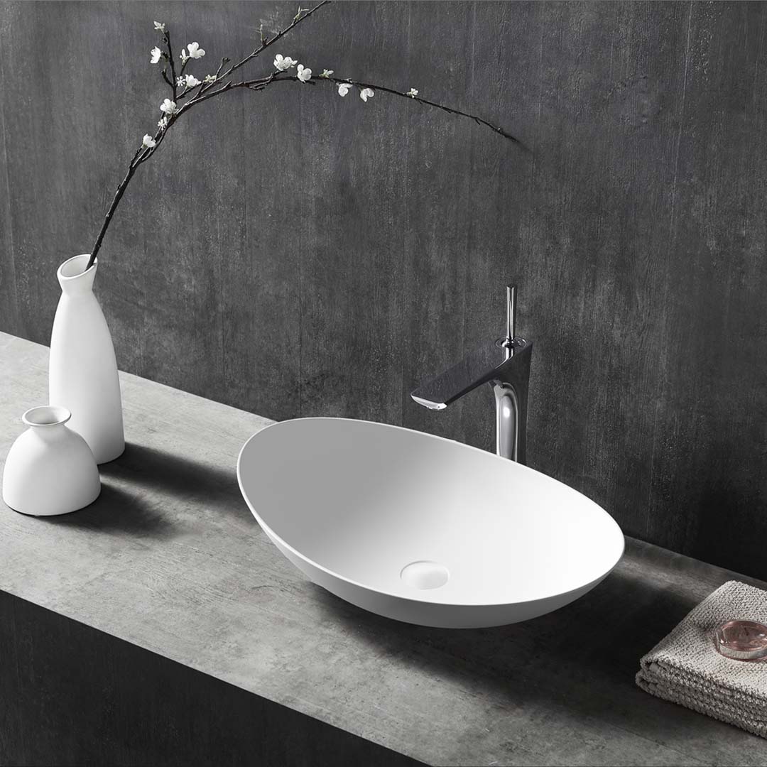 Lavoar de baie, pe blat, 60 cm, oval, din compozit, alb lucios, MonBlari