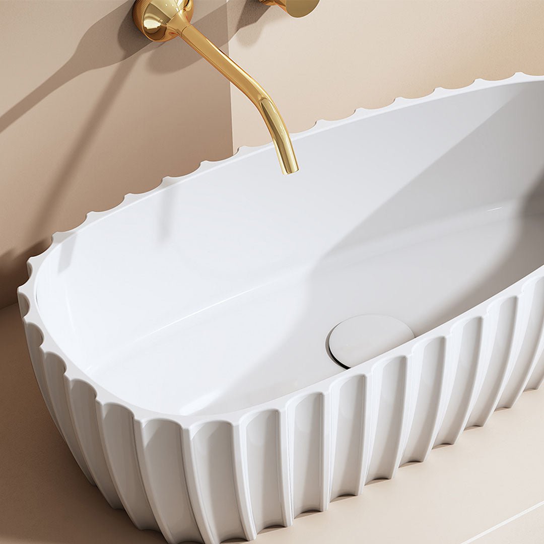 Lavoar de baie, pe blat, 600x300x160 mm, oval, cu riflaje, din compozit, alb mat, MonBlari