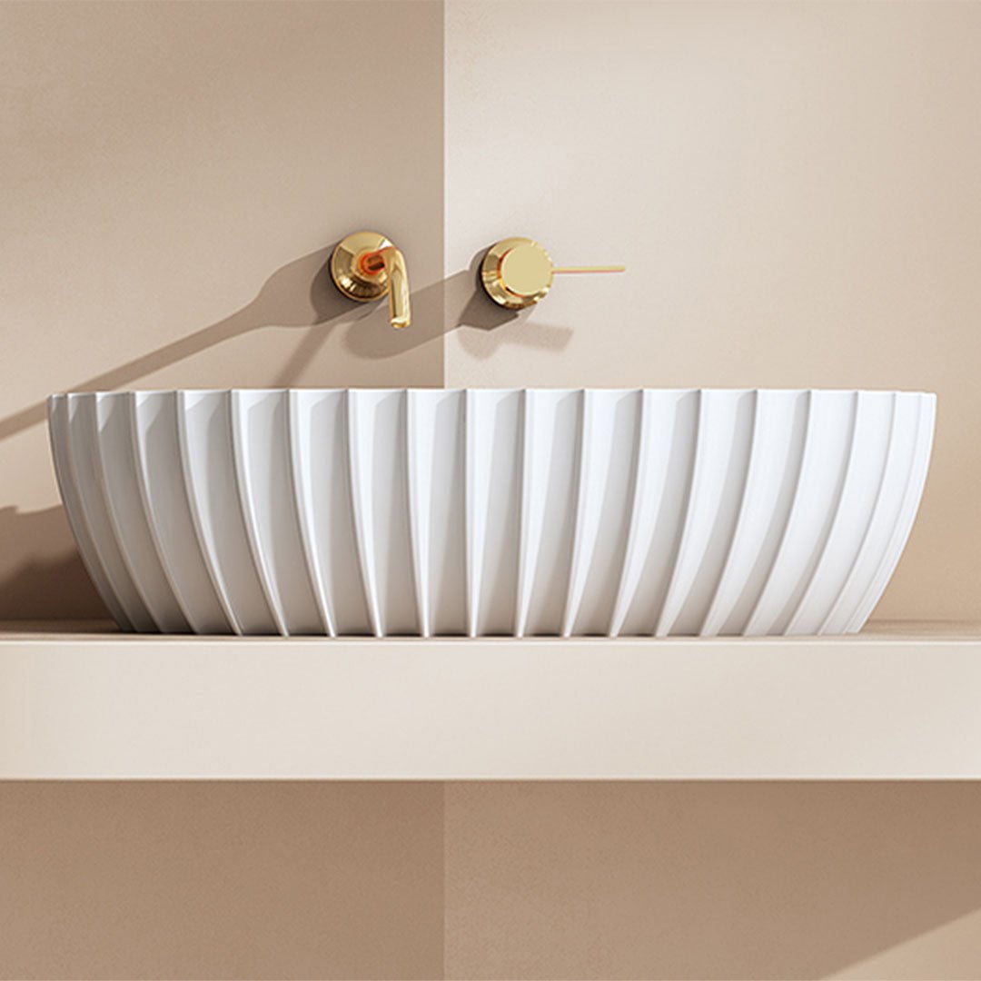 Lavoar de baie, pe blat, 600x300x160 mm, oval, cu riflaje, din compozit, alb mat, MonBlari