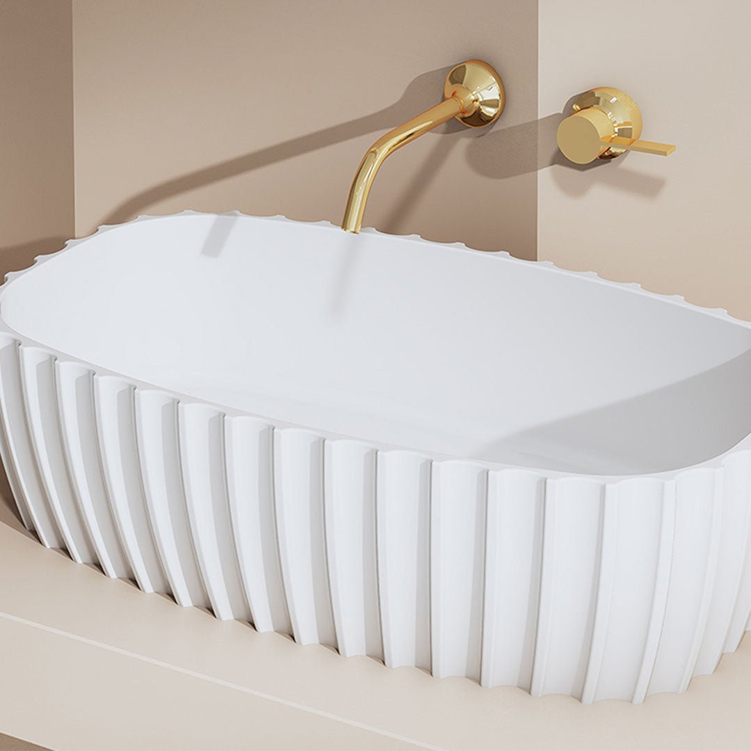 Lavoar de baie, pe blat, 600x350x160 mm, dreptunghiular cu margini rotunjite, cu riflaje, din compozit, alb mat, MonBlari