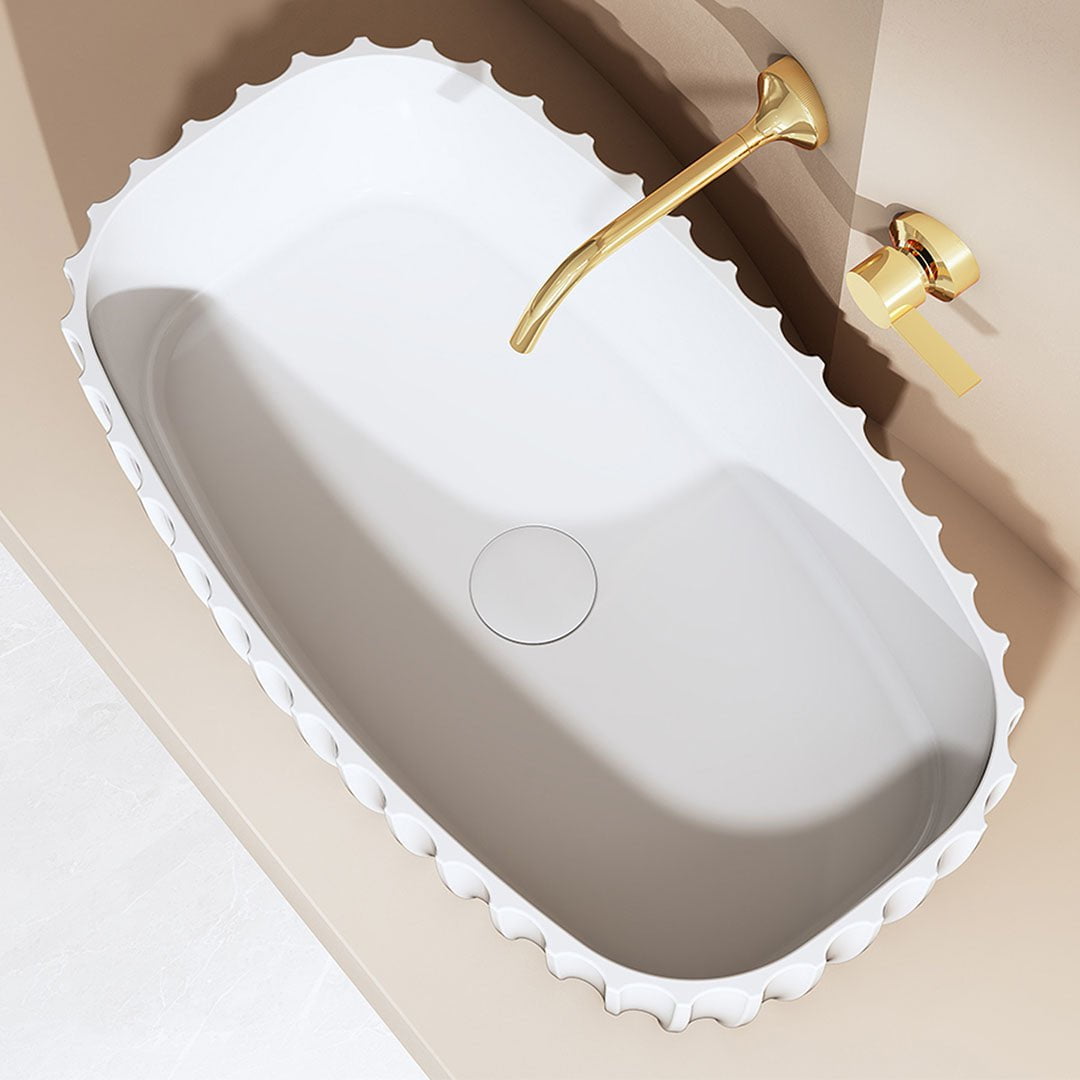 Lavoar de baie, pe blat, 600x350x160 mm, dreptunghiular cu margini rotunjite, cu riflaje, din compozit, alb mat, MonBlari