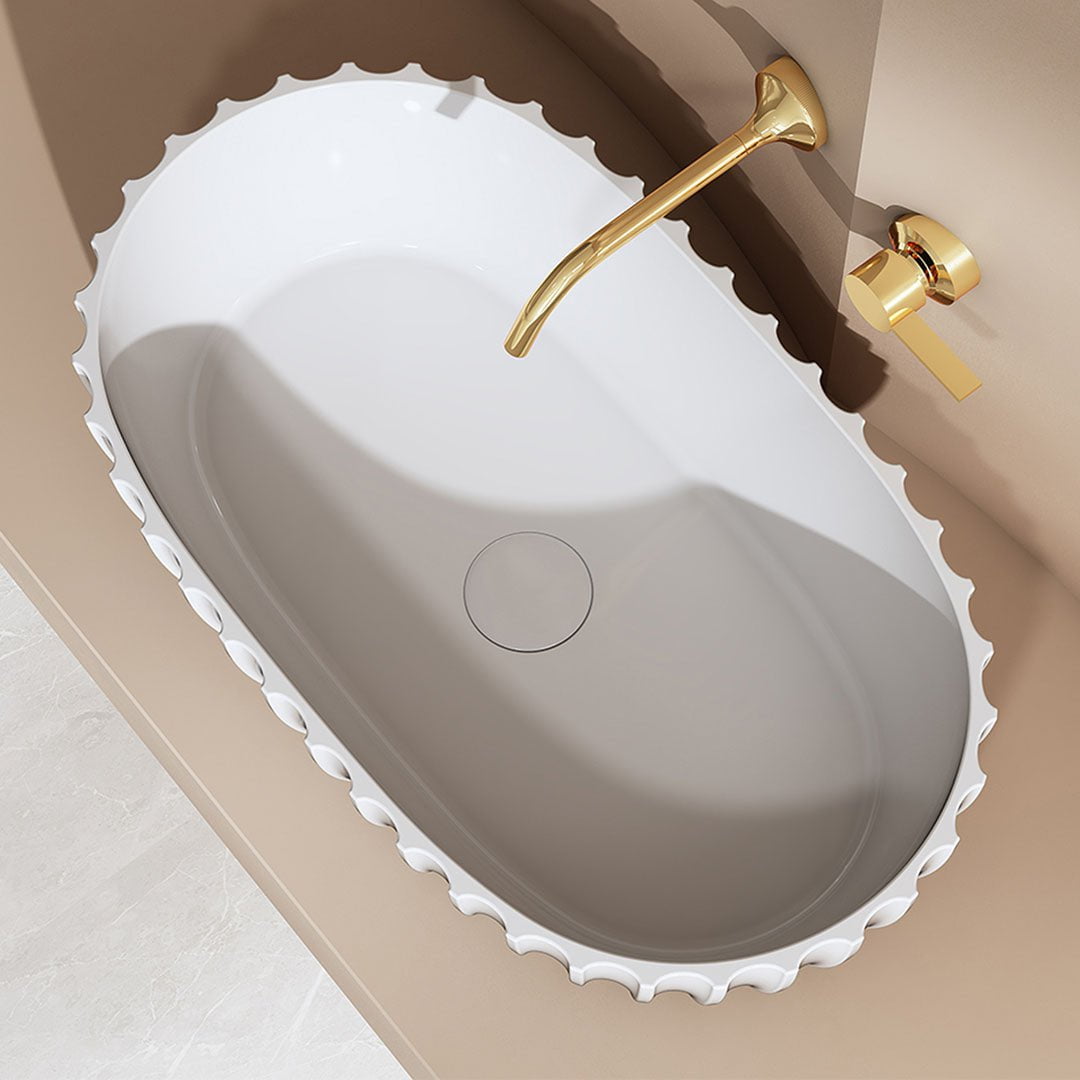 Lavoar de baie, pe blat, 600x350x160 mm, oval, cu riflaje, din compozit, alb lucios, MonBlari