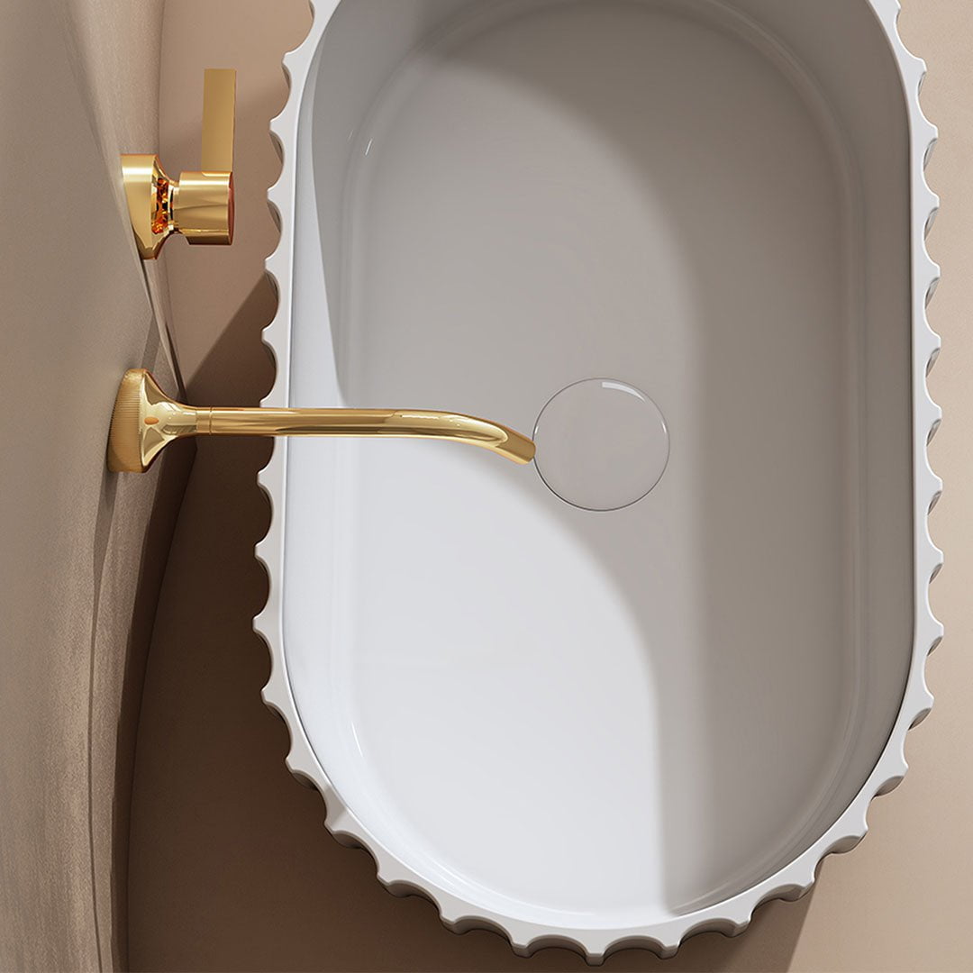 Lavoar de baie, pe blat, 600x350x160 mm, oval, cu riflaje, din compozit, alb mat, MonBlari