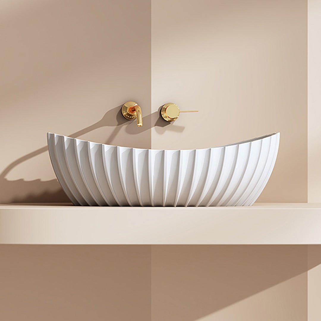 Lavoar de baie, pe blat, 600x350x190 mm, oval, cu riflaje, din compozit, alb mat, MonBlari