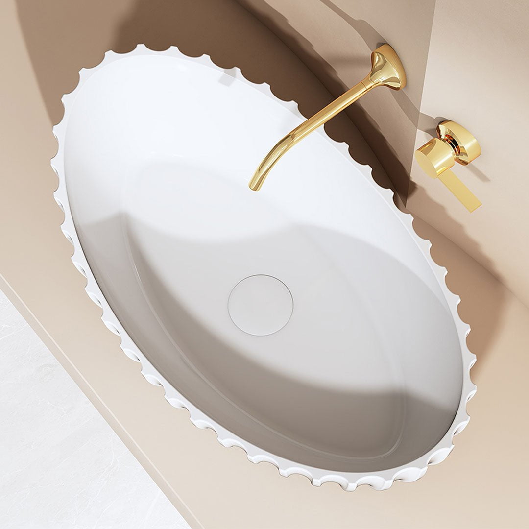 Lavoar de baie, pe blat, 600x350x190 mm, oval, cu riflaje, din compozit, alb mat, MonBlari