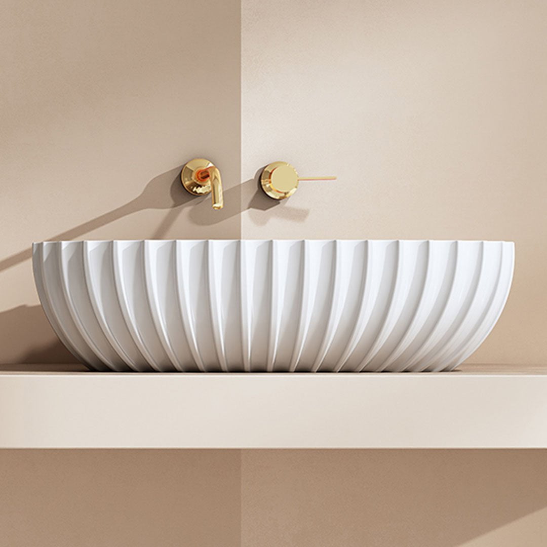 Lavoar de baie, pe blat, 600x400x160 mm, cu riflaje, din compozit, alb mat, MonBlari