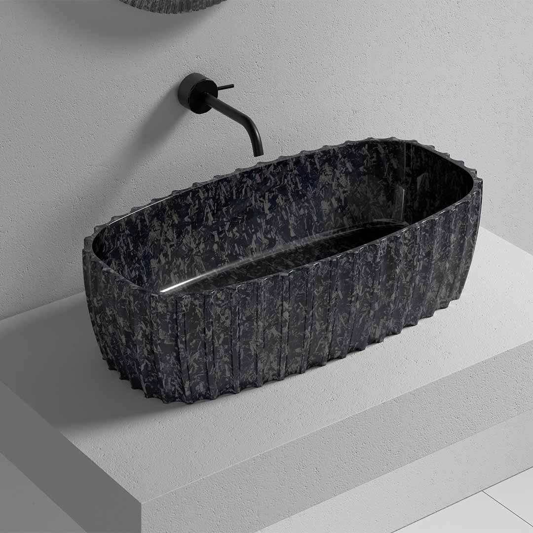 Lavoar de baie pe blat, 60x35 cm, dreptunghiulara cu colturi rotunjite, din fibra de carbon, negru, finisaj mat, MonBlari