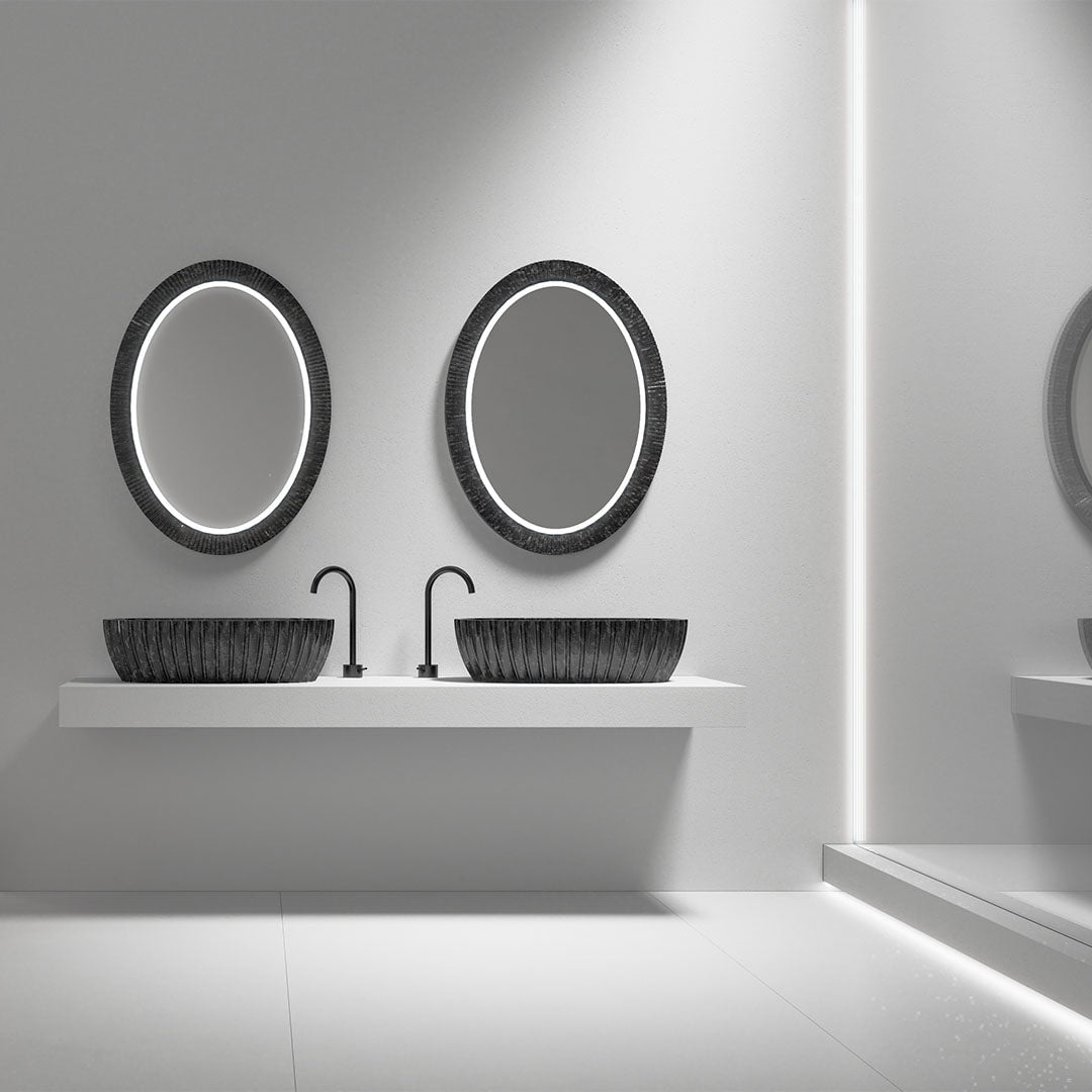 Lavoar de baie pe blat, 60x35 cm, oval cu riflaje, din fibra de carbon, negru, finisaj mat, MonBlari