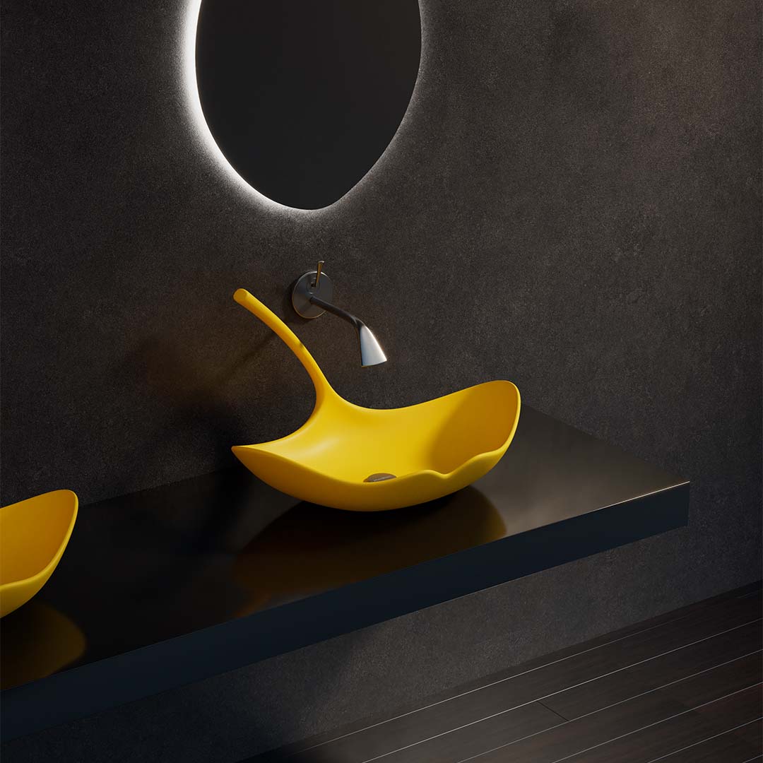 Lavoar de baie, pe blat, 60x40 cm, forma de frunza, din compozit, galben, MonBlari Ginknova