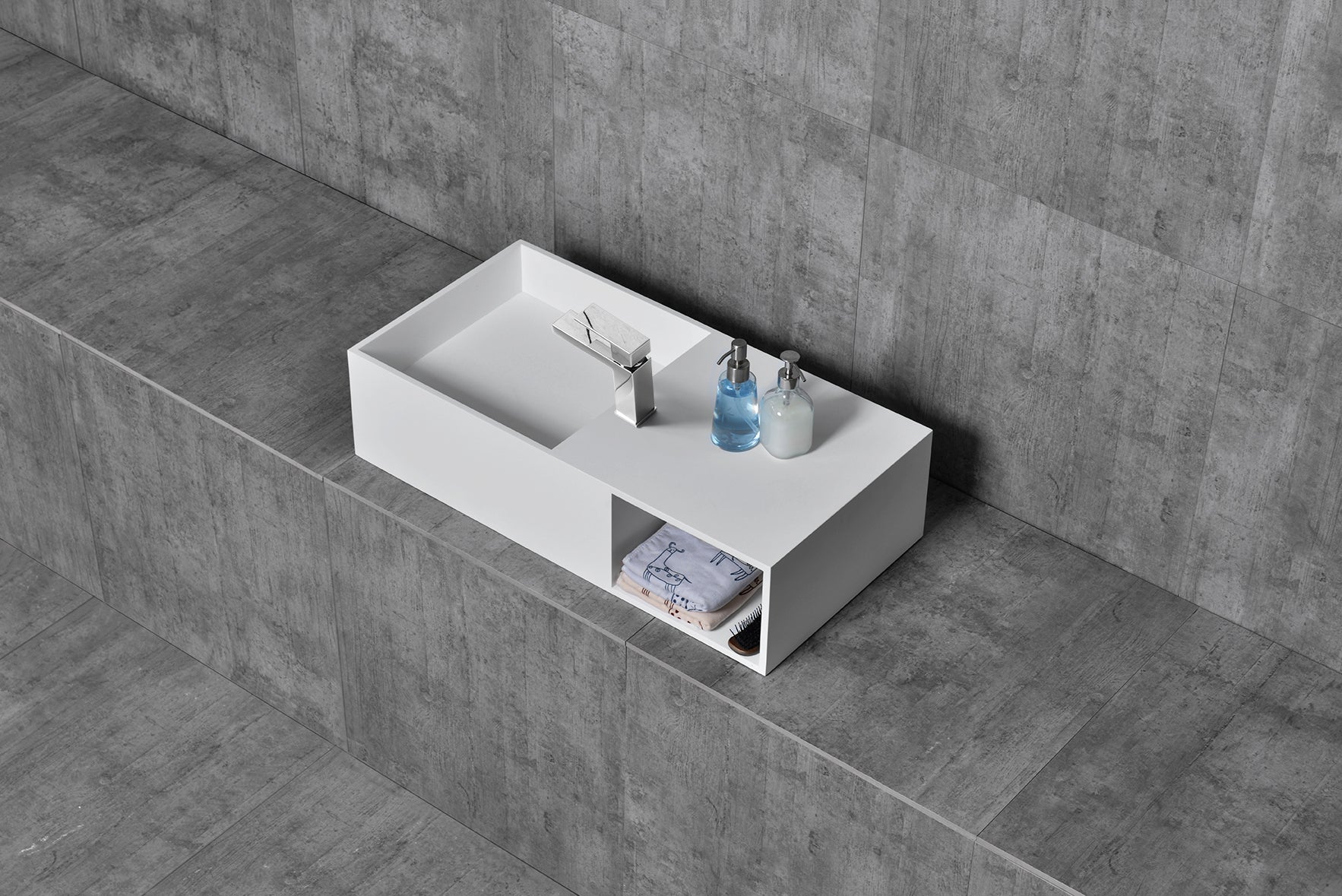Lavoar de baie, pe blat, 800x400x200 mm, dreptunghiular, cu spatiu de depozitare, din compozit, alb mat, MonBlari