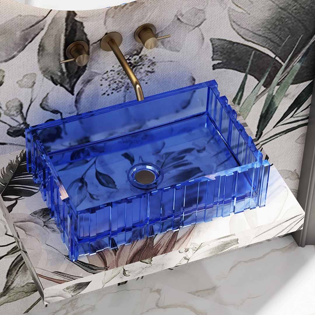 Lavoar de baie, pe blat, dreptunghiular, 560x360x160 mm, cu riflaje, din rasina, albastru transparent, MonBlari