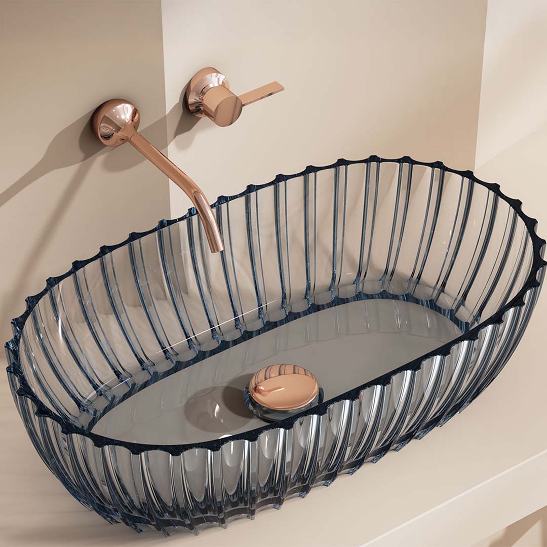 Lavoar de baie, pe blat, oval, 600x350x160 mm, cu riflaje, din rasina, albastru transparent, MonBlari