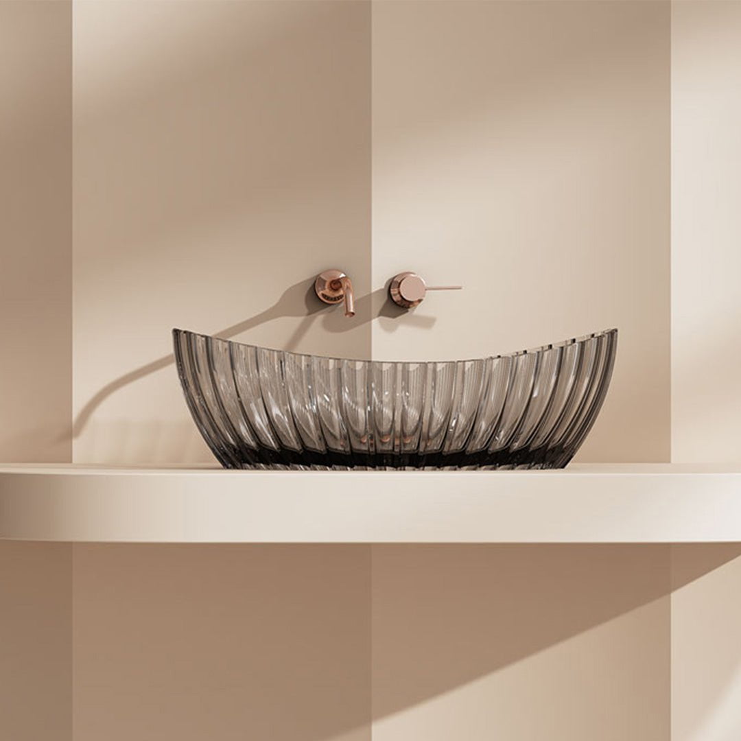 Lavoar de baie, pe blat, oval, 600x350x190 mm, margini inaltate, cu riflaje, din rasina, gri transparent, MonBlari