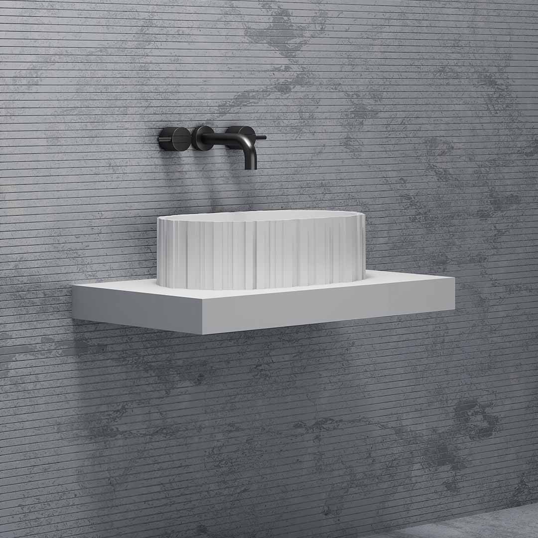 Lavoar de baie, pe blat, oval, cu riflaje sculpturale, din compozit, alb mat, MonBlari