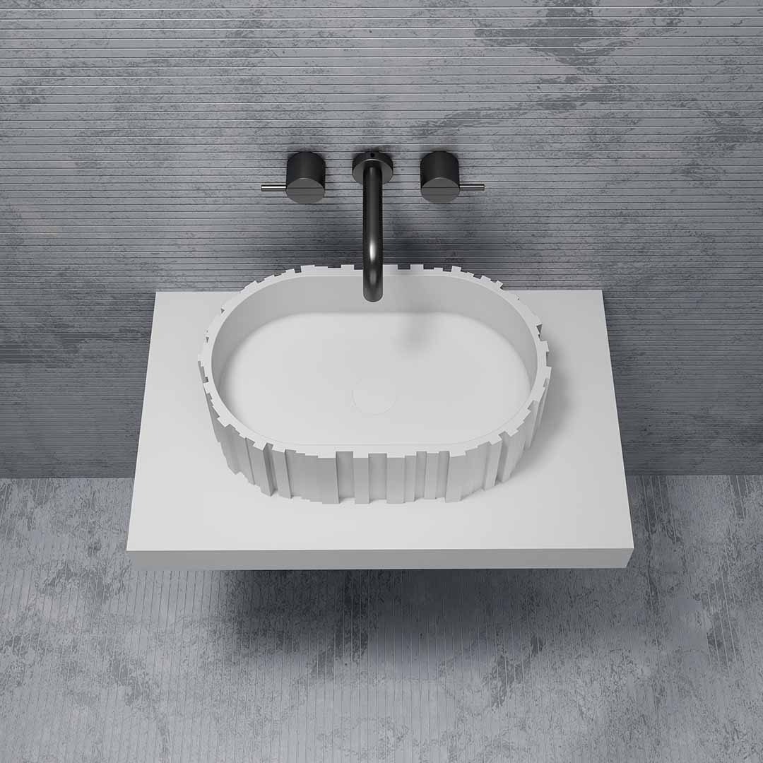 Lavoar de baie, pe blat, oval, cu riflaje sculpturale, din compozit, alb mat, MonBlari