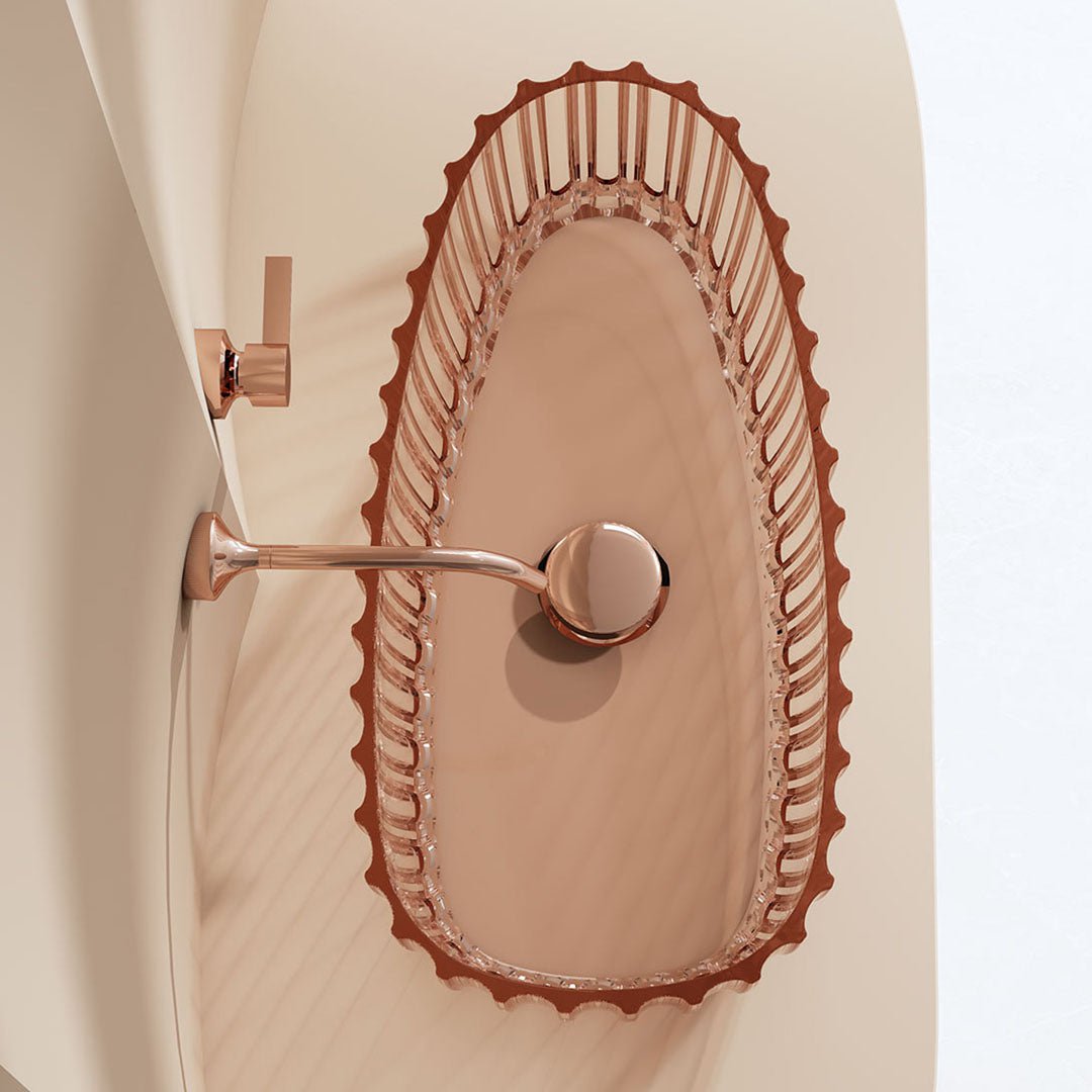 Lavoar de baie, pe blat, ovala, 600x300x160 mm, cu riflaje, din rasina, roz transparent, MonBlari