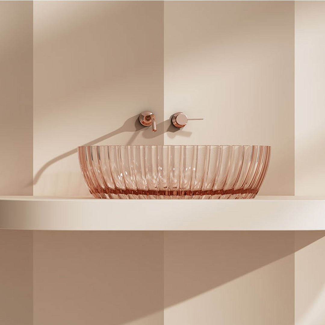 Lavoar de baie, pe blat, ovala, 600x300x160 mm, cu riflaje, din rasina, roz transparent, MonBlari