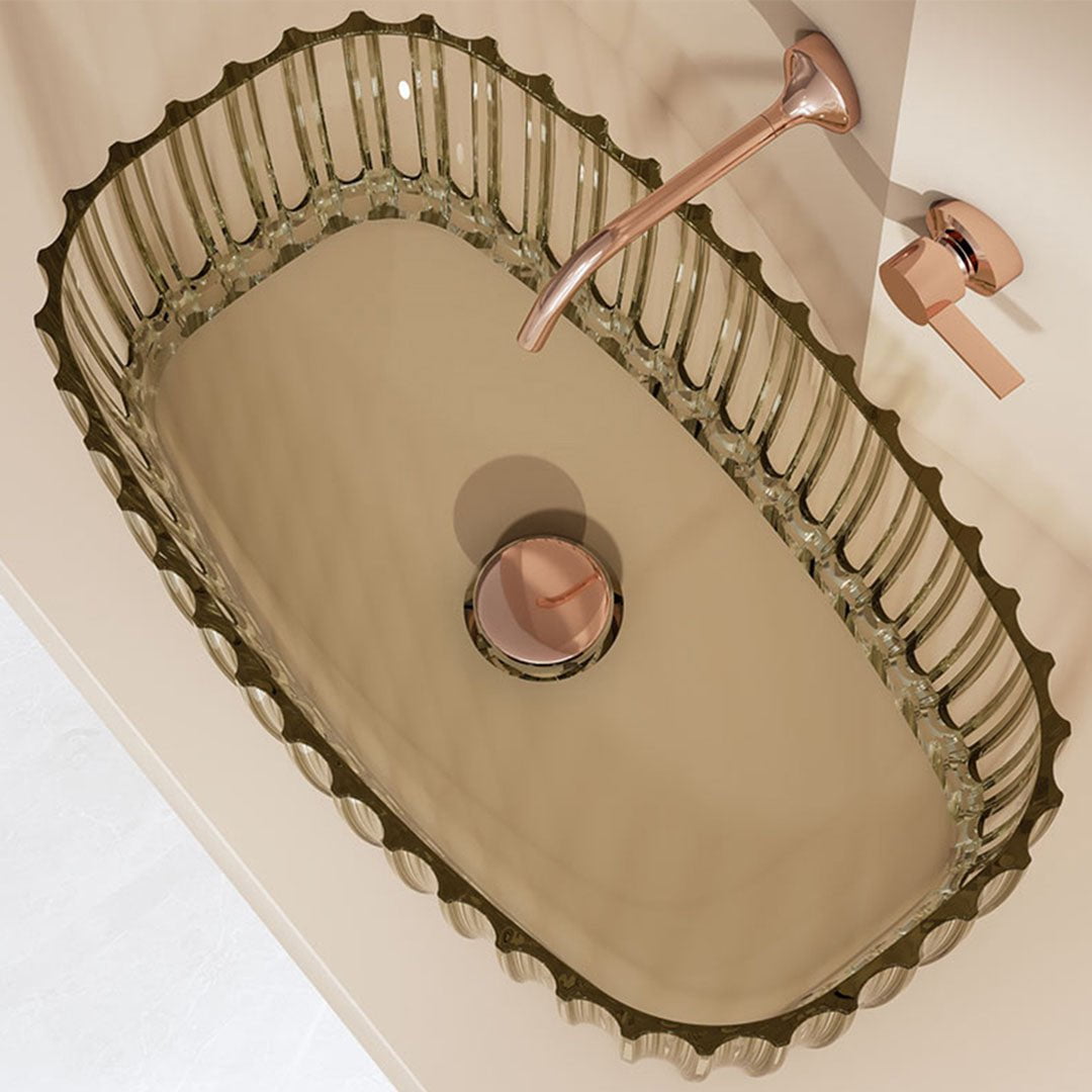 Lavoar de baie, pe blat, ovala, 600x350x160 mm, cu riflaje, din rasina, roz transparent, MonBlari