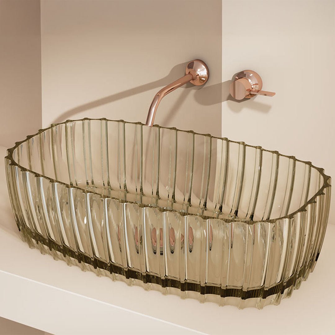 Lavoar de baie, pe blat, ovala, 600x350x160 mm, cu riflaje, din rasina, roz transparent, MonBlari