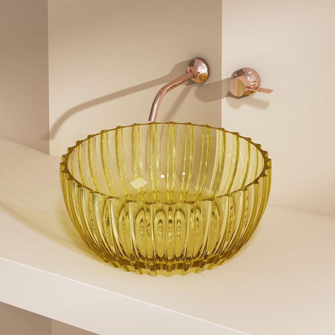 Lavoar de baie, pe blat, rotund, 400x400x160 mm, cu riflaje, din rasina, galben transparent, MonBlari