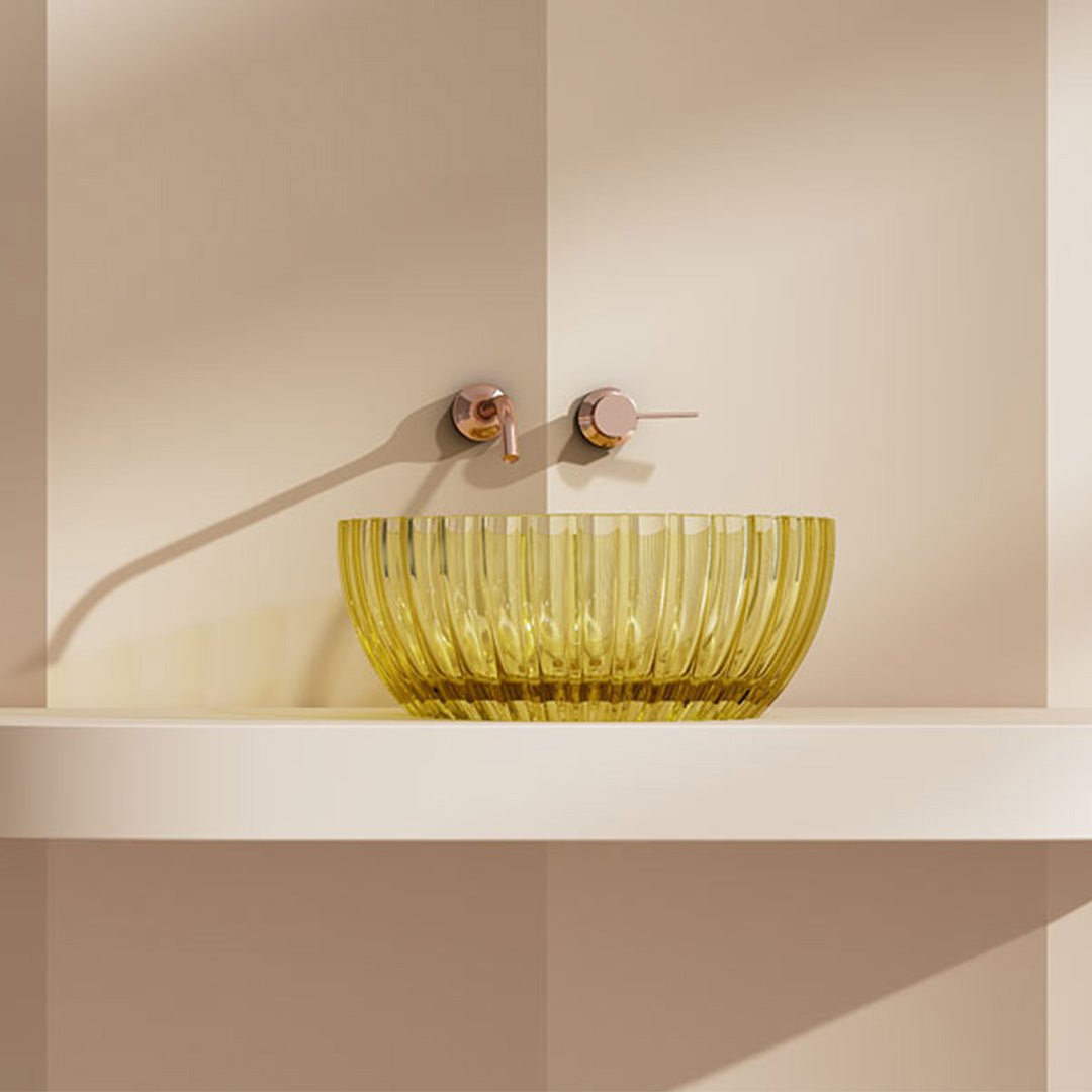 Lavoar de baie, pe blat, rotund, 400x400x160 mm, cu riflaje, din rasina, galben transparent, MonBlari
