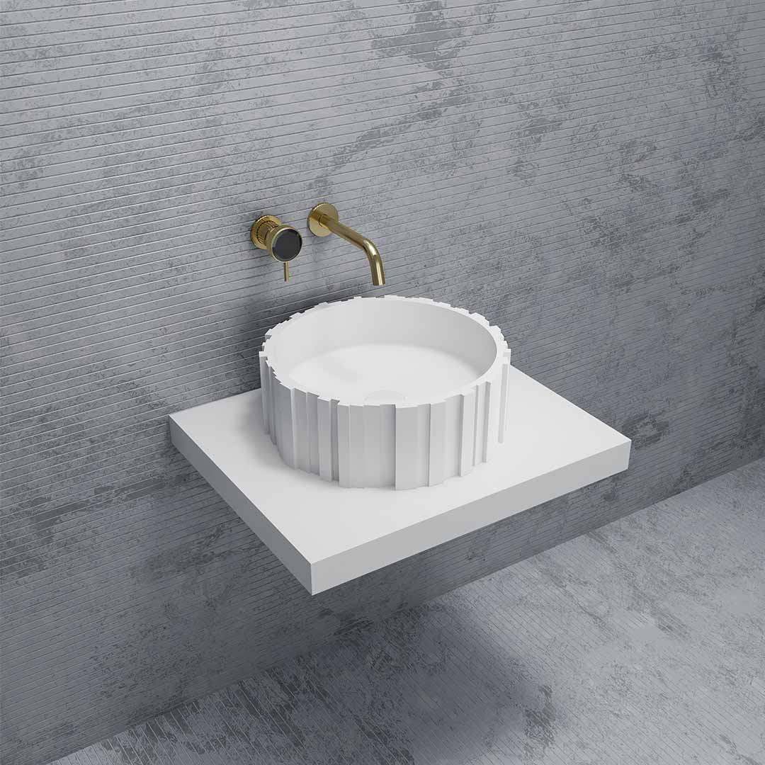 Lavoar de baie pe blat, rotund, 45x45x16 cm, din compozit, alb mat, cu riflaje, MonBlari