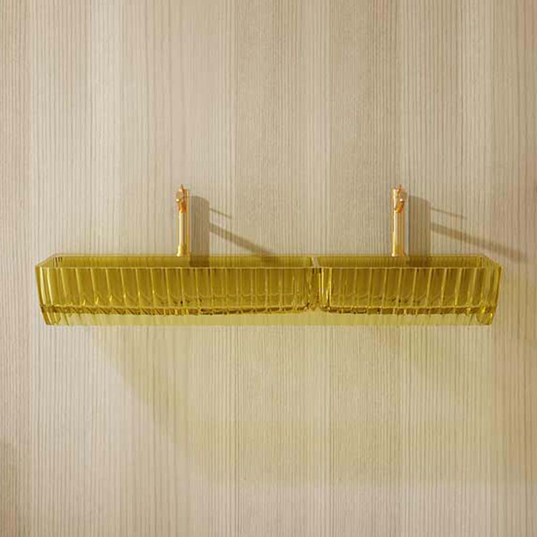 Lavoar de baie, pe perete, 100 cm, dreptunghiular, 2 cuve, din rasina, galben lucios, MonBlari