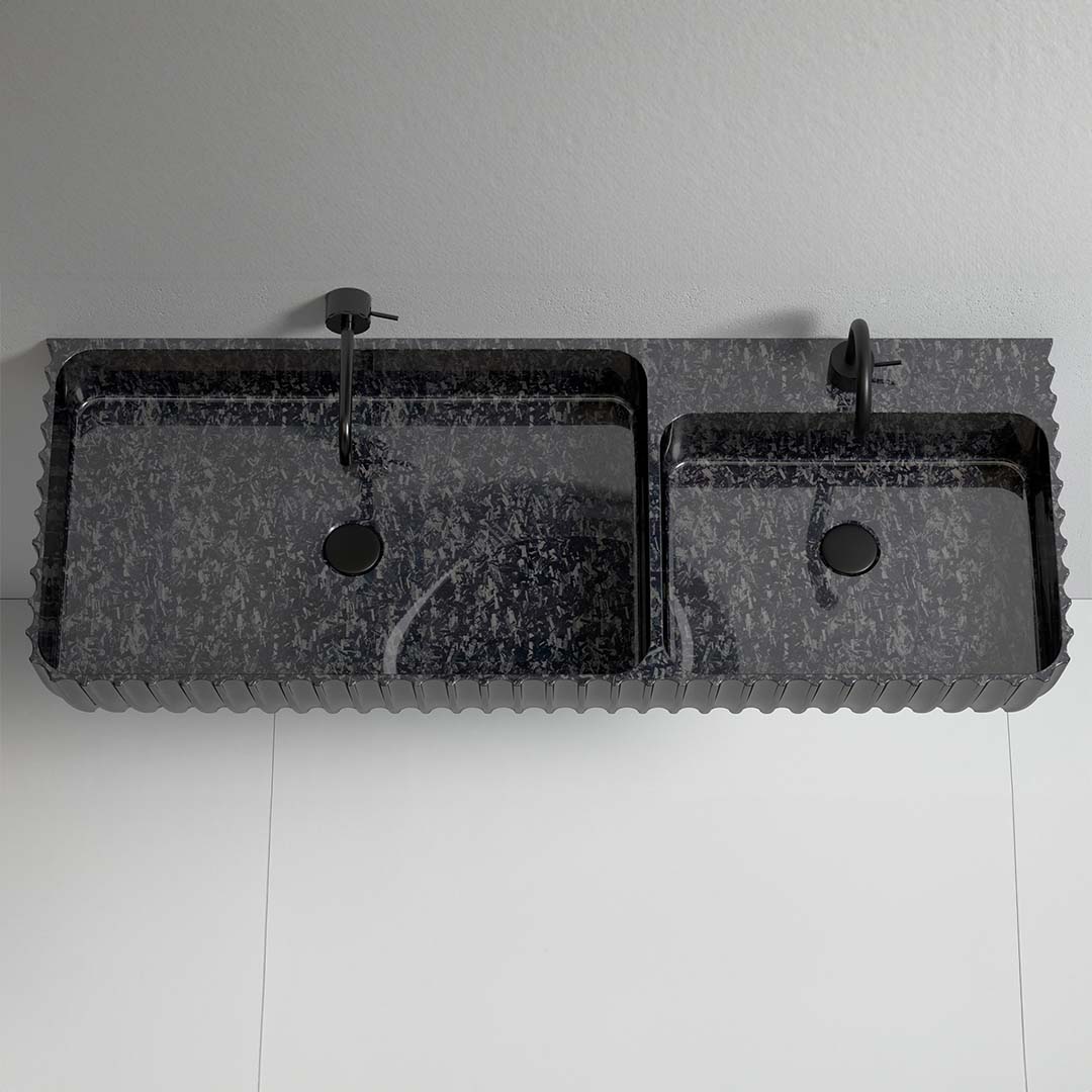 Lavoar de baie, pe perete, 100x45 cm, dreptunghiular, din fibra de carbon Mozaic, colturi rotunjite, 2 cuve, negru, MonBlari