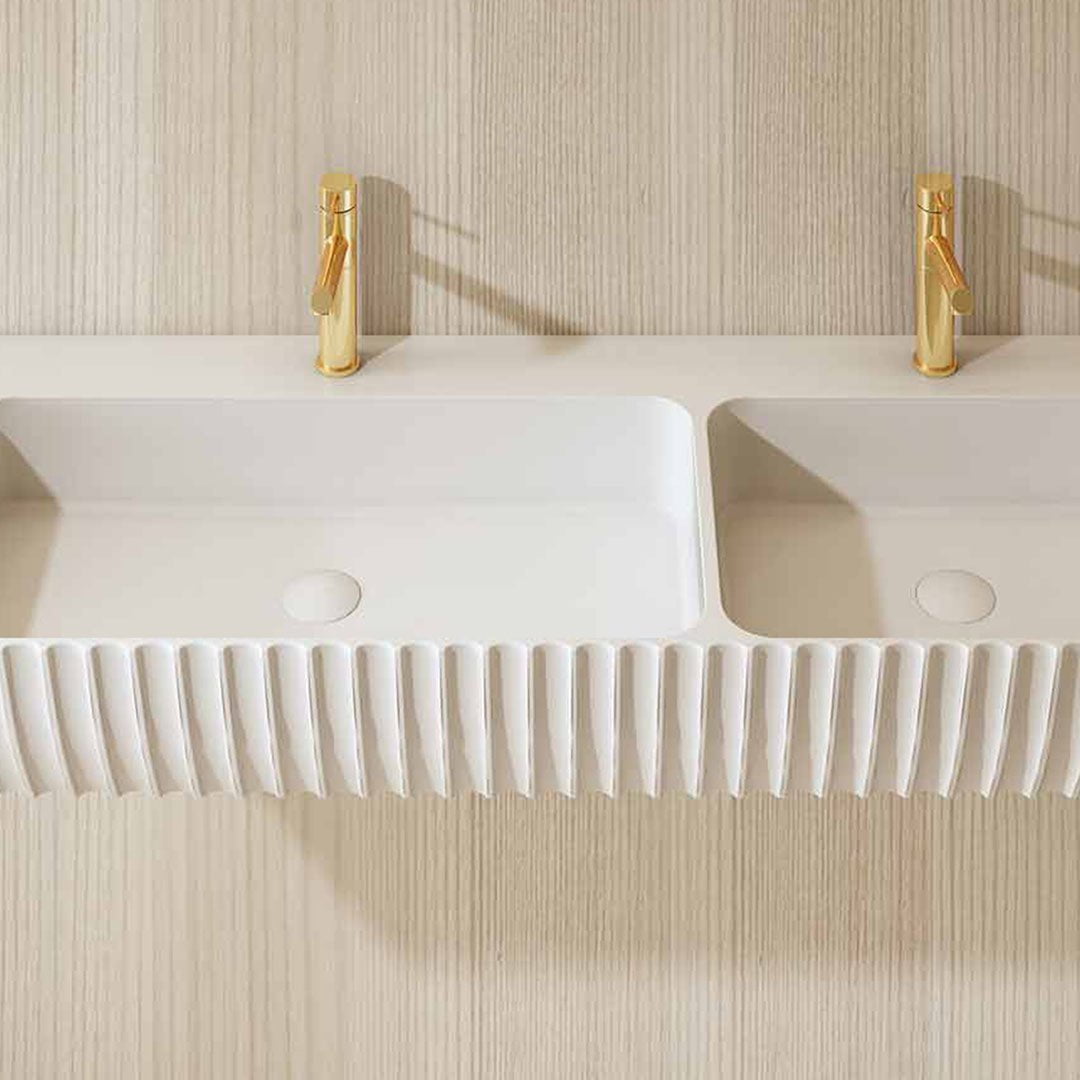 Lavoar de baie, pe perete, 120 cm, dreptunghiular, 2 cuve, din compozit, alb mat, MonBlari