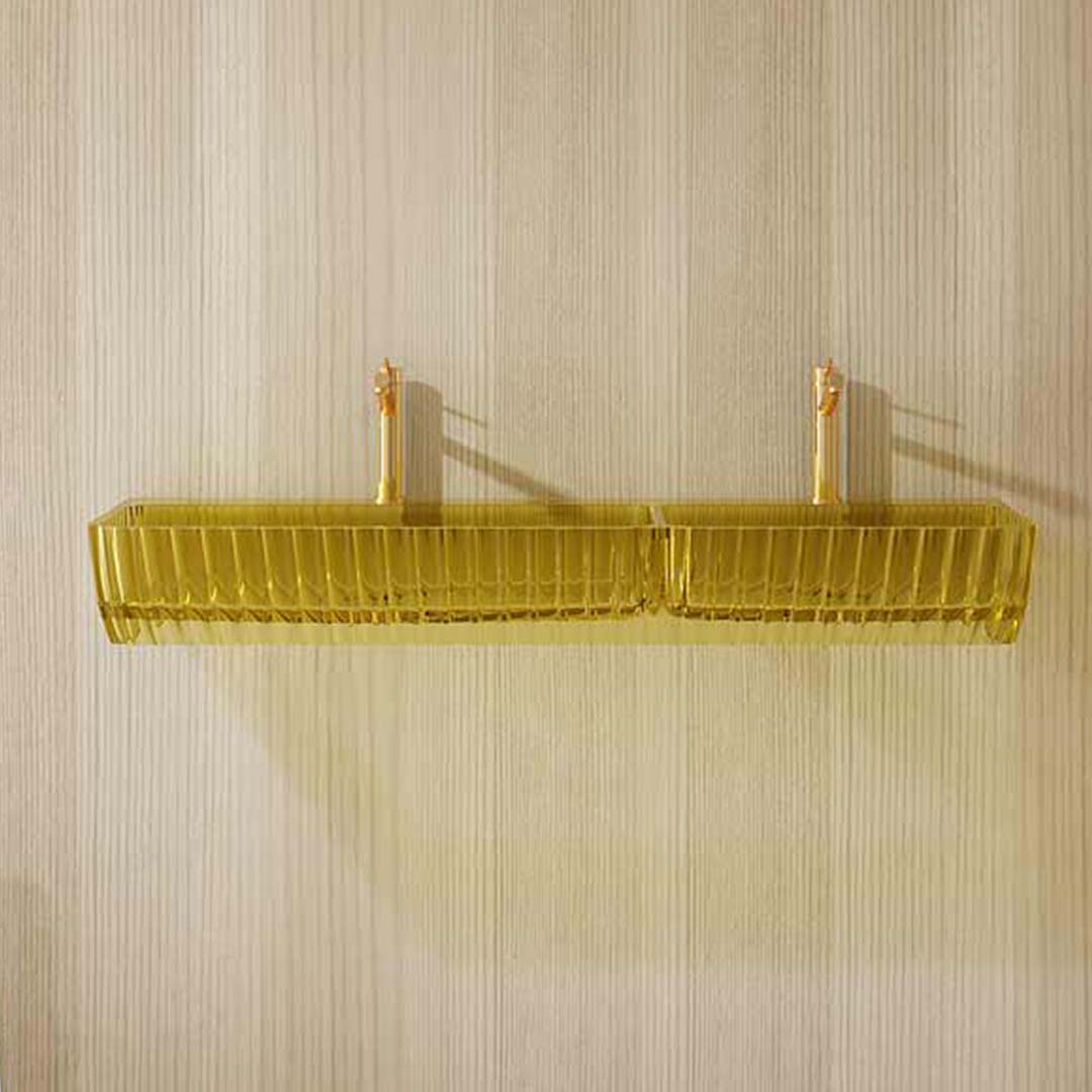 Lavoar de baie, pe perete, 120 cm, dreptunghiular, 2 cuve, din rasina, galben lucios, MonBlari