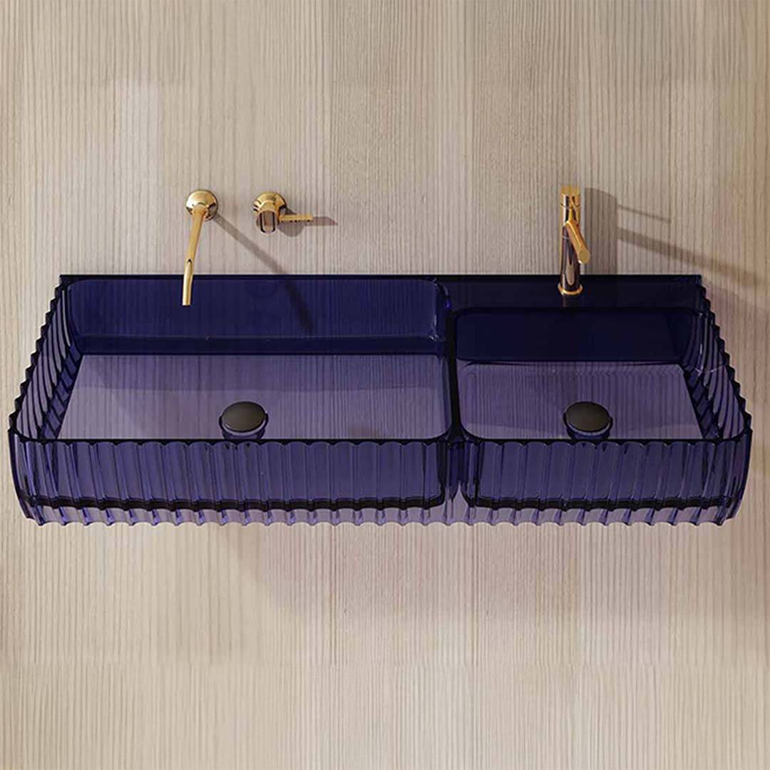 Lavoar de baie, pe perete, 120 cm, dreptunghiular, 2 cuve, din rasina, mov transparent, MonBlari