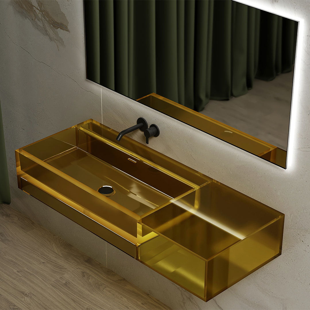 Lavoar de baie, pe perete, cu polita integrata, 120 cm, dreptunghiular, din rasina, auriu transparent, MonBlari