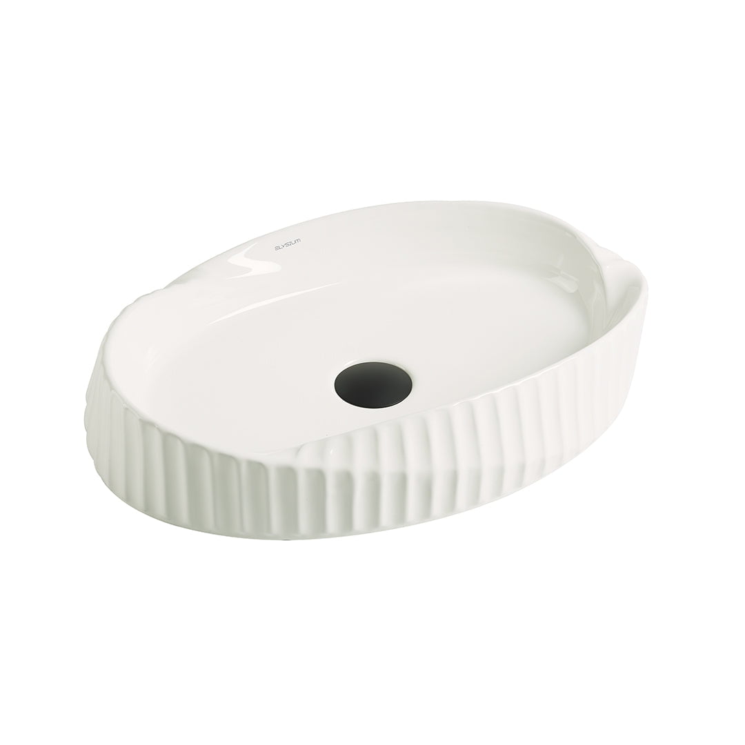 Lavoar de baie Safi, pe blat, oval, din ceramica sanitara, 60 cm, alb lucios cu riflaje, Elysium