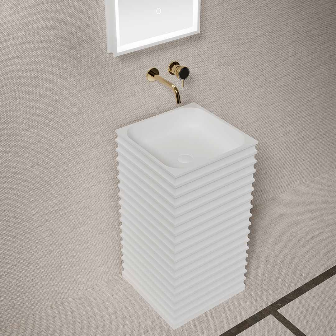 Lavoar freestanding, dreptunghiular, din compozit, alb, 45x45 cm, cu riflaje, MonBlari